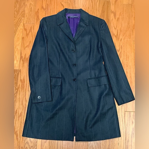 Women's 10 Petite Tahari Purple Lined Grey Wool Blend Striped Blazer Coat Top - Picture 2 of 16